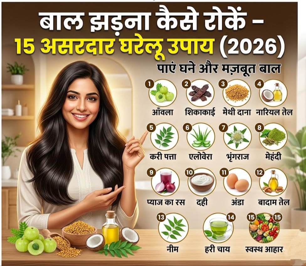 बाल झड़ना कैसे रोकें – 15 असरदार घरेलू उपाय (2026)