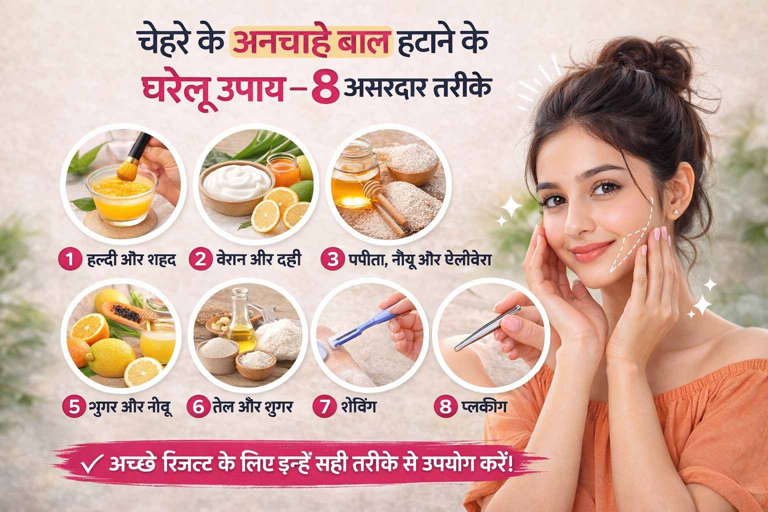 चेहरे के अनचाहे बाल हटाने के घरेलू उपाय — 8 असरदार तरीके